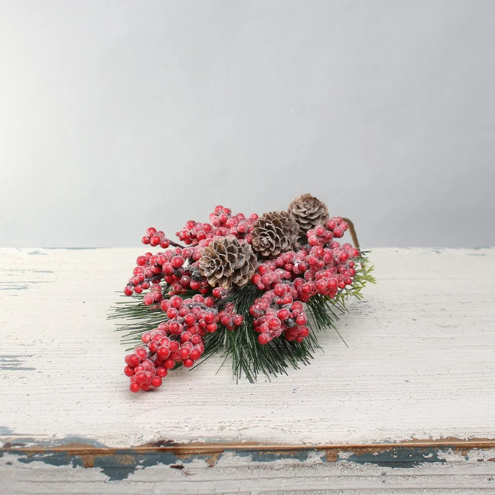 Red cluster berry with cones and spruce frosted pick