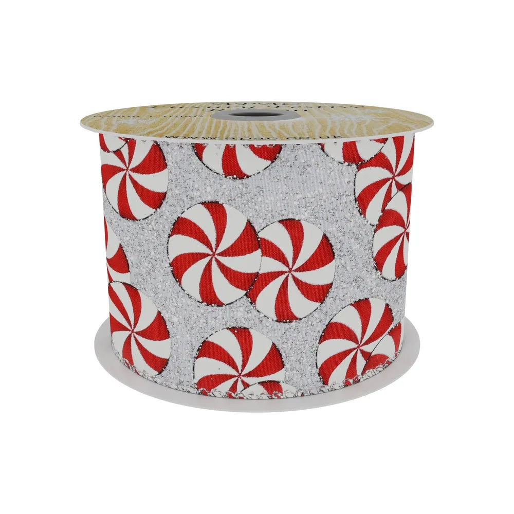 Silver Colour Ribbon with Candy Circle Print Red/White 63mm x 10yd