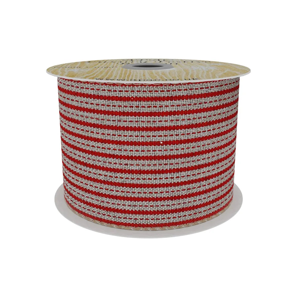 Red and Natural Stripe Stitched Fabric Ribbon 63mm x 10ydRed and Natural Stripe Stitched Fabric Ribbon 63mm x 10yd