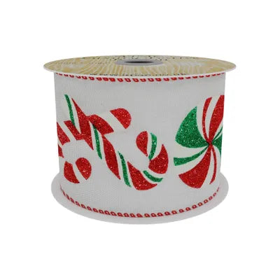 Christmas Taffeta Ribbon with Candy Cane Print Red/White/Green 63mm x 10yd
