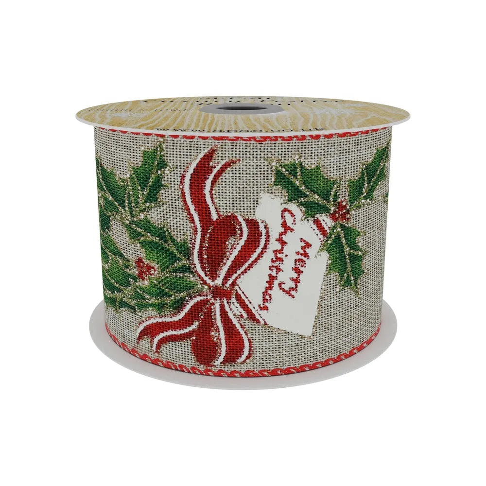 Natural Christmas ribbon with Holly and Bow