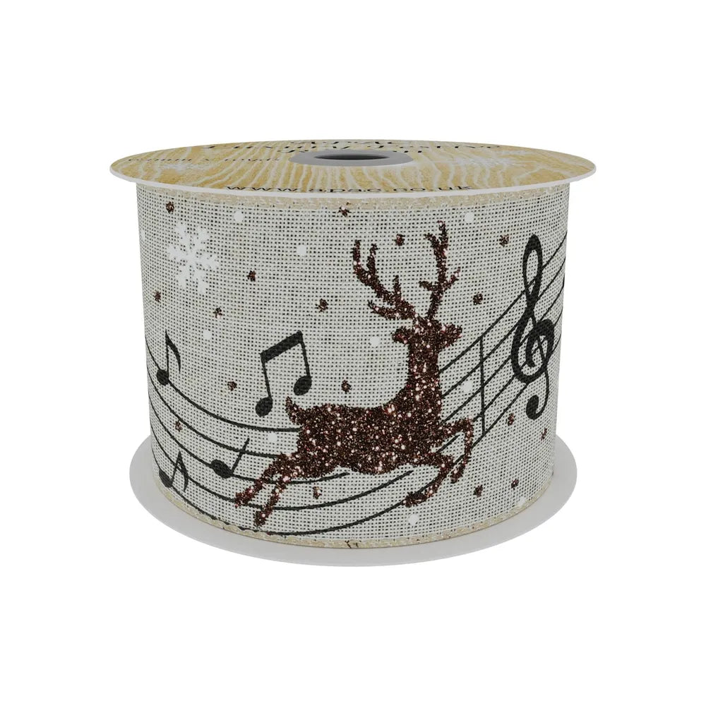 Natural Ribbon with Reindeer and Musical Notes 63mm x 10yd